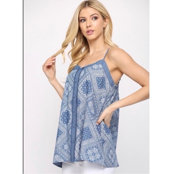 GiGiO USA Pattern Print Chambray Cotton Covered Button Tank M - Picture 3 of 8